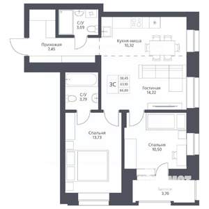 3-к квартира, вторичка, 67м2, 19/24 этаж