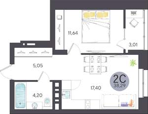 2-к квартира, строящийся дом, 38м2, 7/27 этаж