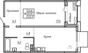 1-к квартира, вторичка, 54м2, 1/15 этаж