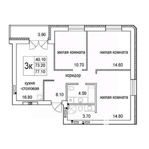 3-к квартира, строящийся дом, 77м2, 6/8 этаж