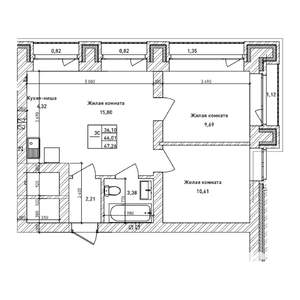 3-к квартира, строящийся дом, 46м2, 7/14 этаж