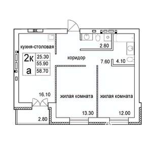 2-к квартира, строящийся дом, 59м2, 7/8 этаж