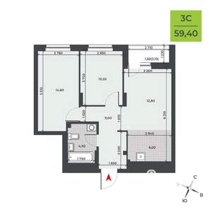 3-к квартира, строящийся дом, 59м2, 3/21 этаж