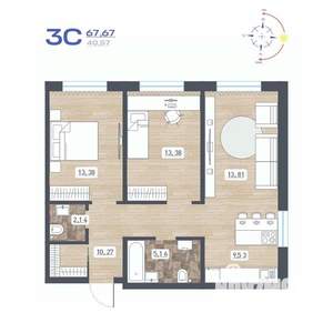 3-к квартира, строящийся дом, 68м2, 1/17 этаж