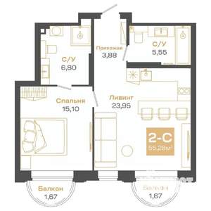 2-к квартира, строящийся дом, 55м2, 16/24 этаж