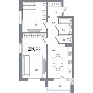 2-к квартира, вторичка, 58м2, 2/17 этаж