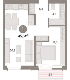 1-к квартира, вторичка, 46м2, 1/23 этаж