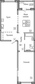 2-к квартира, строящийся дом, 64м2, 12/14 этаж