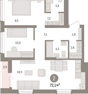 2-к квартира, вторичка, 72м2, 14/15 этаж