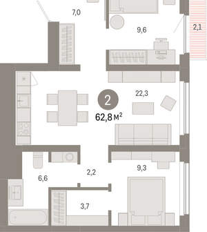2-к квартира, вторичка, 63м2, 5/12 этаж