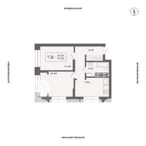 2-к квартира, строящийся дом, 47м2, 25/25 этаж