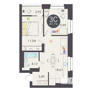 3-к квартира, строящийся дом, 48м2, 13/25 этаж