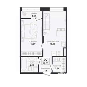 2-к квартира, строящийся дом, 39м2, 7/9 этаж
