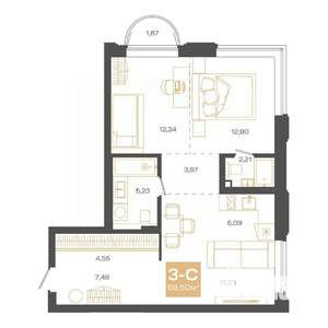 3-к квартира, строящийся дом, 69м2, 16/24 этаж