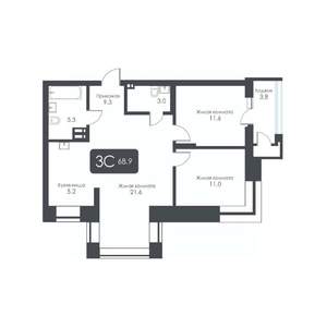 3-к квартира, строящийся дом, 69м2, 11/30 этаж