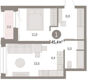 1-к квартира, вторичка, 45м2, 25/30 этаж
