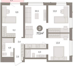 3-к квартира, вторичка, 78м2, 11/15 этаж