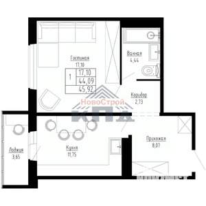 1-к квартира, строящийся дом, 46м2, 1/15 этаж