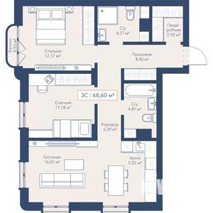 3-к квартира, вторичка, 69м2, 9/24 этаж