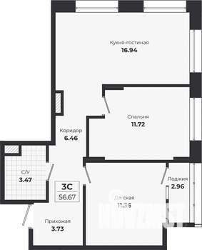 2-к квартира, строящийся дом, 54м2, 6/9 этаж