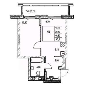 1-к квартира, строящийся дом, 43м2, 12/21 этаж