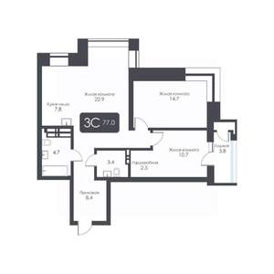 3-к квартира, строящийся дом, 77м2, 29/30 этаж