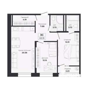 3-к квартира, строящийся дом, 65м2, 4/9 этаж