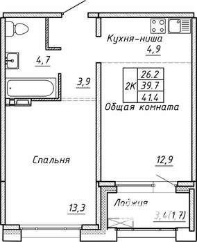 2-к квартира, строящийся дом, 41м2, 8/15 этаж