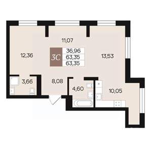 3-к квартира, вторичка, 63м2, 4/10 этаж