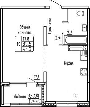 1-к квартира, строящийся дом, 41м2, 10/14 этаж