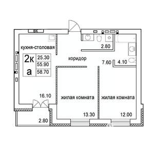 2-к квартира, строящийся дом, 59м2, 5/8 этаж