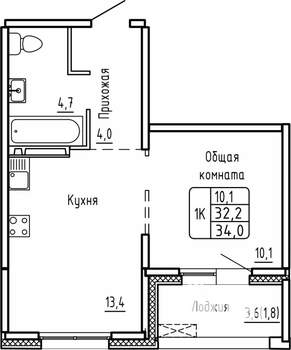 1-к квартира, строящийся дом, 34м2, 9/14 этаж