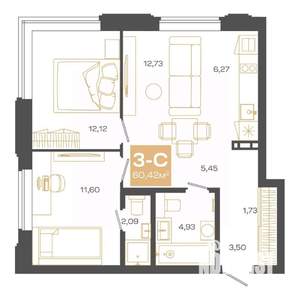 3-к квартира, строящийся дом, 60м2, 14/24 этаж
