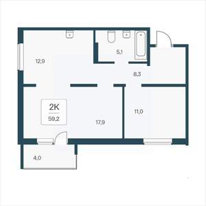 2-к квартира, вторичка, 59м2, 12/17 этаж