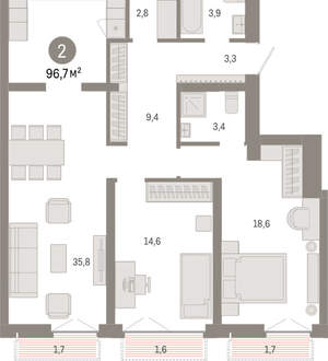 2-к квартира, вторичка, 97м2, 1/23 этаж