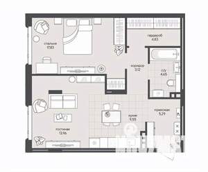 1-к квартира, вторичка, 59м2, 3/8 этаж