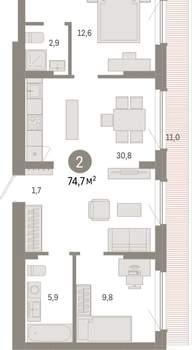 2-к квартира, вторичка, 75м2, 8/12 этаж