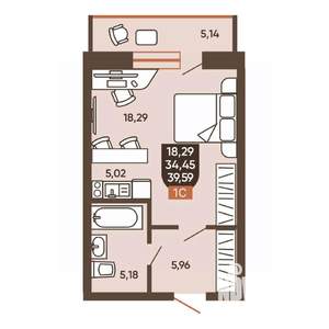 1-к квартира, вторичка, 40м2, 6/19 этаж