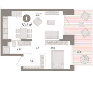 1-к квартира, вторичка, 59м2, 1/15 этаж