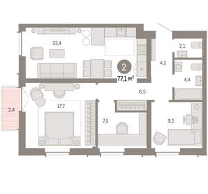 2-к квартира, вторичка, 77м2, 3/23 этаж