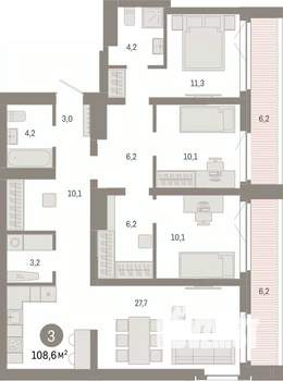 3-к квартира, вторичка, 109м2, 7/23 этаж