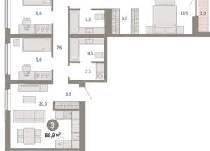 3-к квартира, вторичка, 89м2, 5/15 этаж
