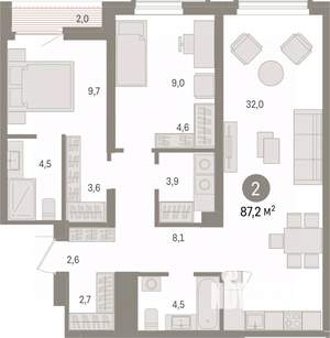 2-к квартира, вторичка, 87м2, 7/15 этаж