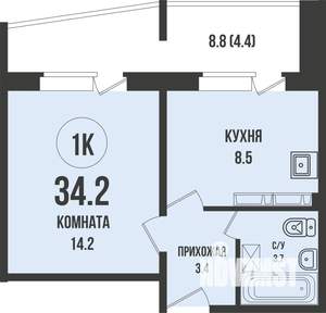 1-к квартира, строящийся дом, 34м2, 9/13 этаж