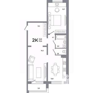 2-к квартира, вторичка, 71м2, 13/17 этаж