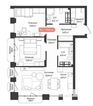 3-к квартира, вторичка, 71м2, 16/20 этаж