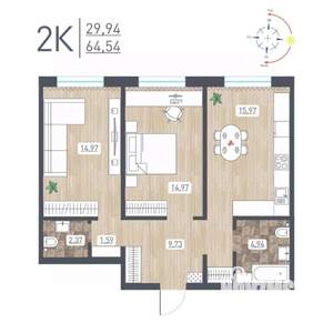 2-к квартира, строящийся дом, 65м2, 1/17 этаж