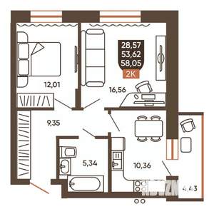 2-к квартира, вторичка, 58м2, 7/19 этаж