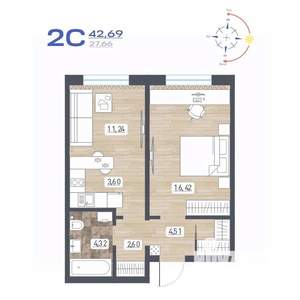 2-к квартира, строящийся дом, 43м2, 1/17 этаж