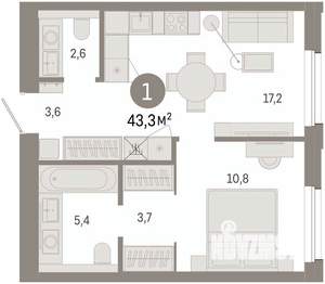 1-к квартира, вторичка, 43м2, 5/9 этаж